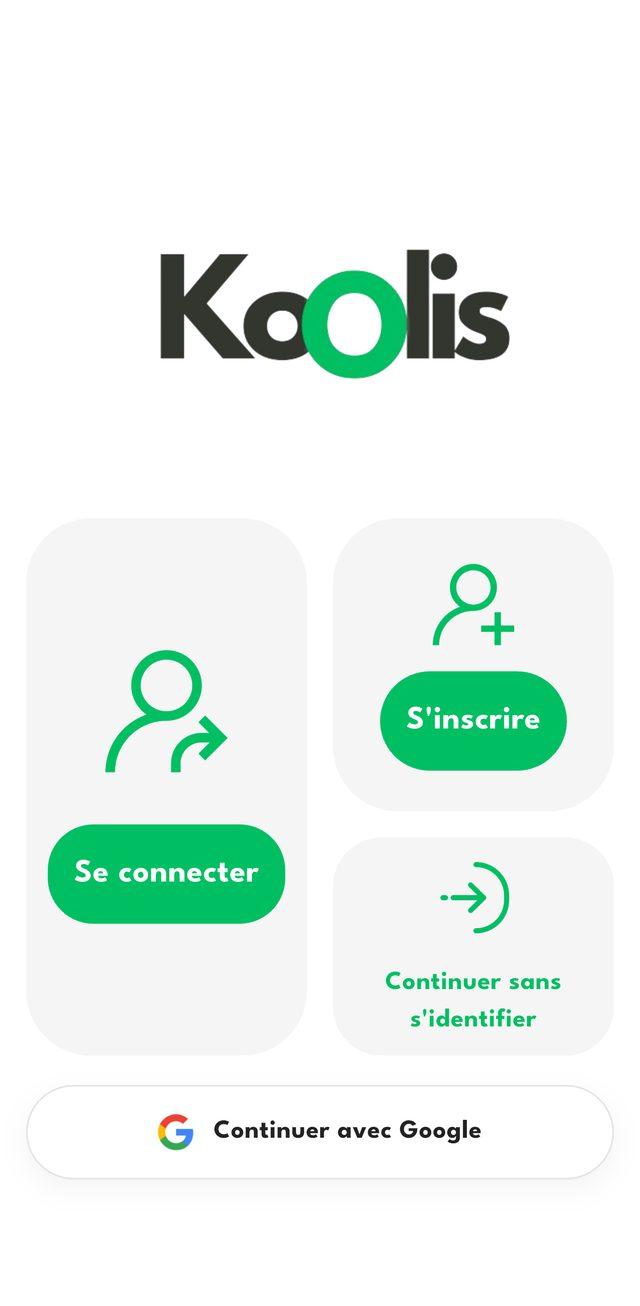 Écran de bienvenue : se connecter, s'inscrire, continuer sans s'identifier, continuer avec Google